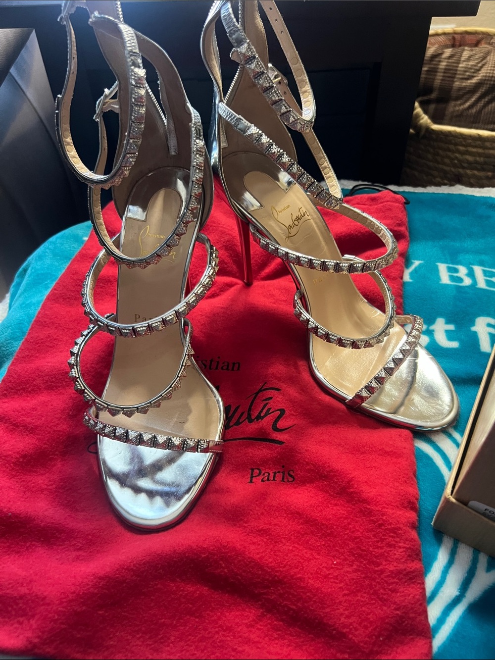 Christian Louboutin Metallic Silver Studded Multi-Strap Stilettos